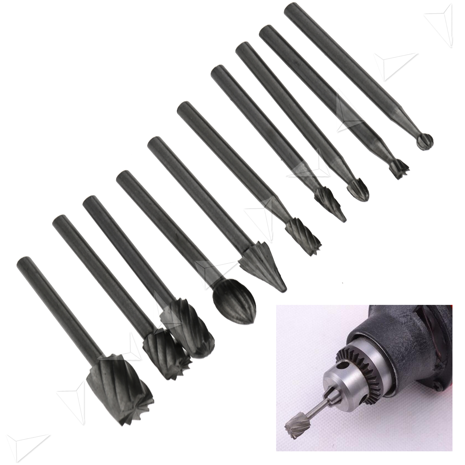 10P x 3mm Mini Shank HSS Router Bits Files Fits Dremel Rotary Tool Set