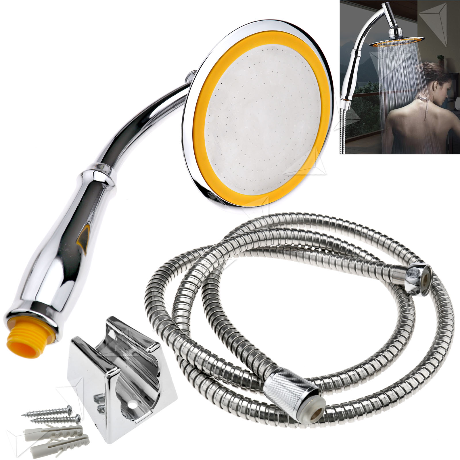 6" Shower Head Extension Rainfall Rain Arm With Hose Kit Round ABS