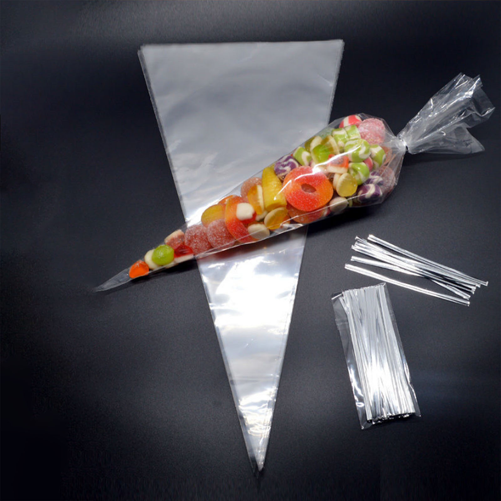 100 x Clear Cone Shaped Cellophane Bags Sweet Candy Party Favor Gift Bags