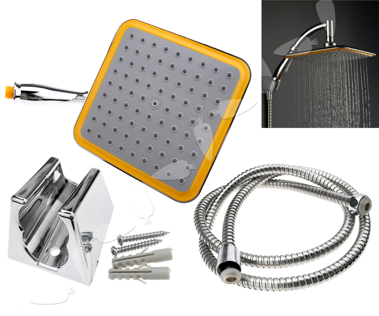 8" ABS Rainfall Square Shower Head Extension With Shower Arm And Hose Kit