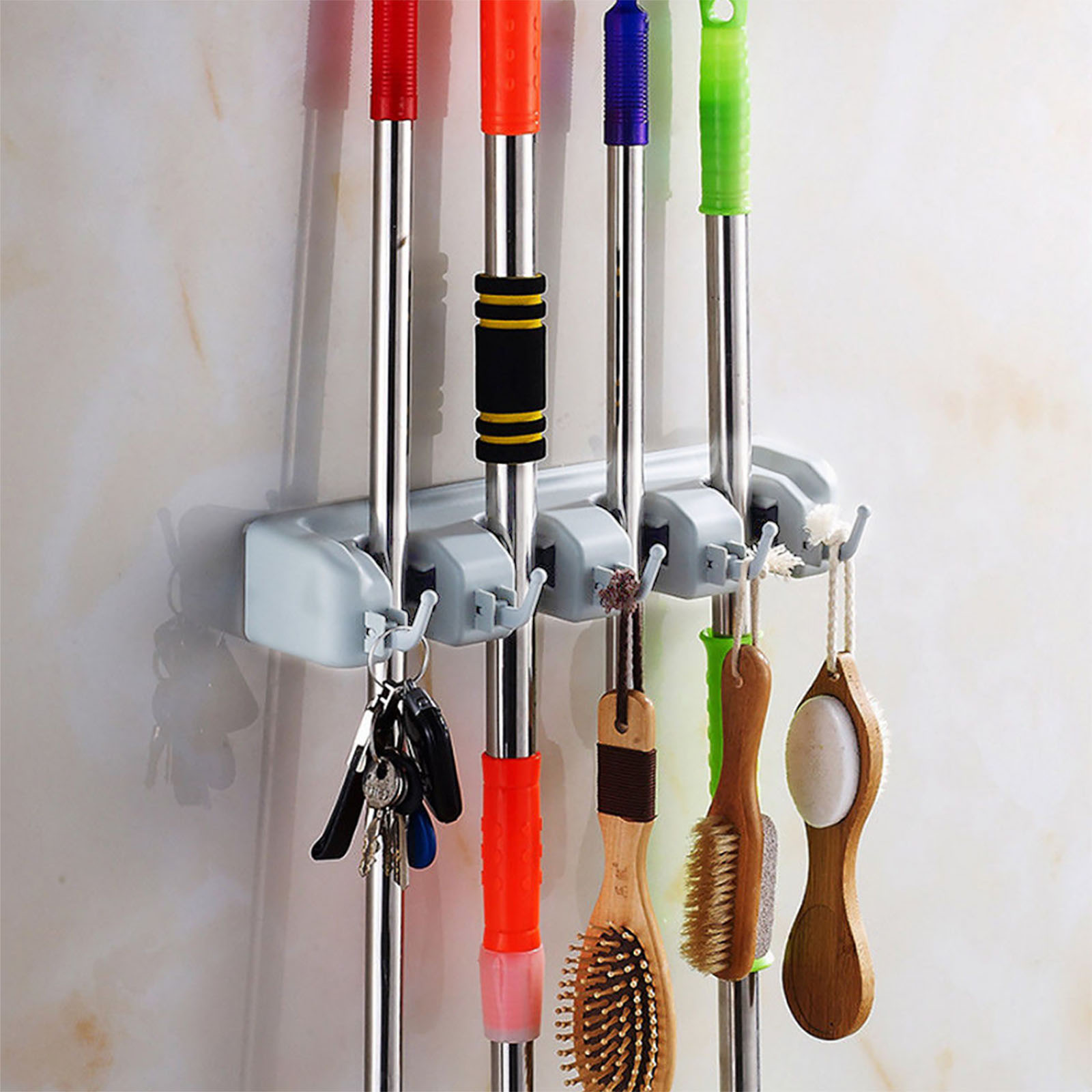5 Position Mop Broom Organizer Wall Storage Mounted Holder Brush Hanger Rack Set | eBay