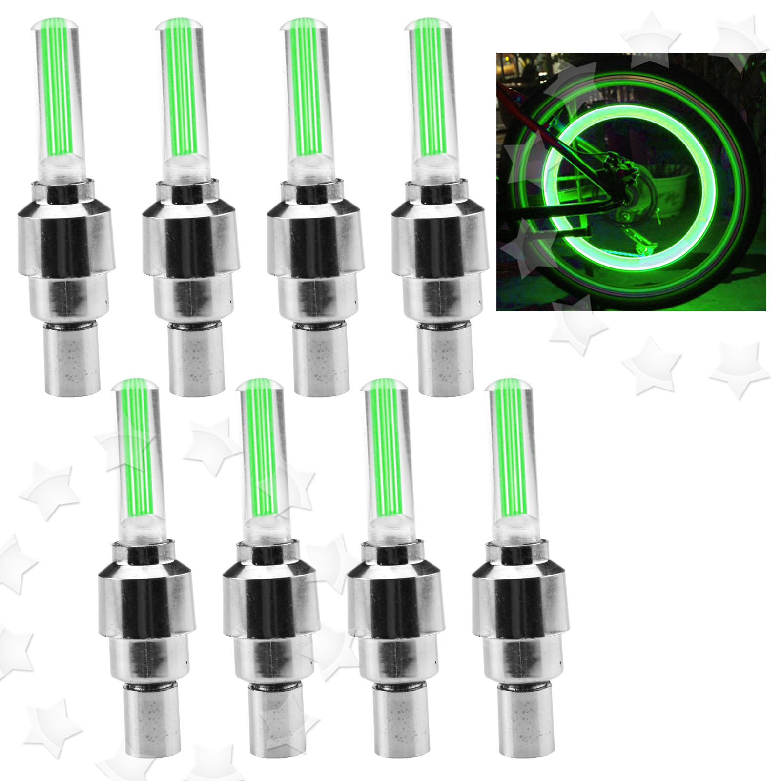 8 x Neon Green Bike LED Tire Flash Valve Sealing Dust Cap Lights