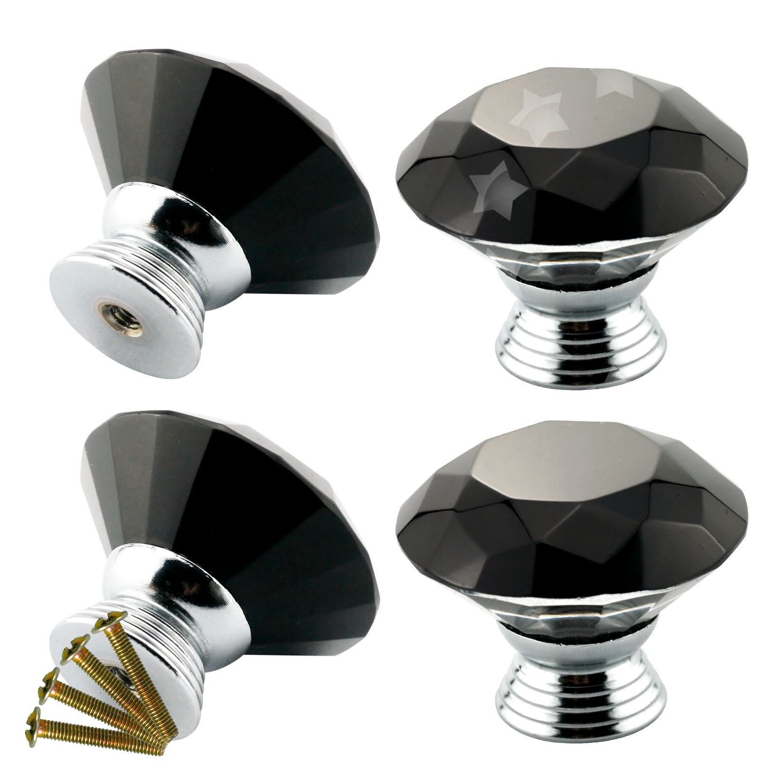4x Black Crystal Glass Cut Door Knobs Pull 40mm Kitchen Handle