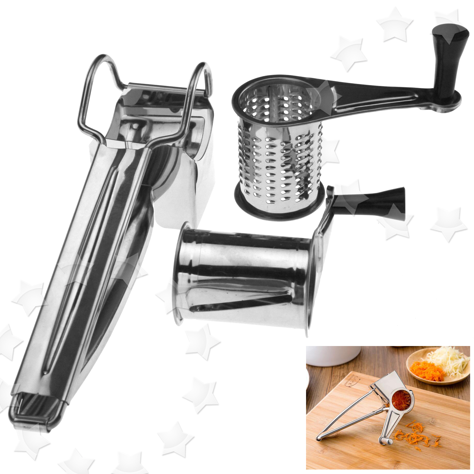 Stainless Steel Cheese Grater Rotary 2 Drums Slicer Shred Kitchen
