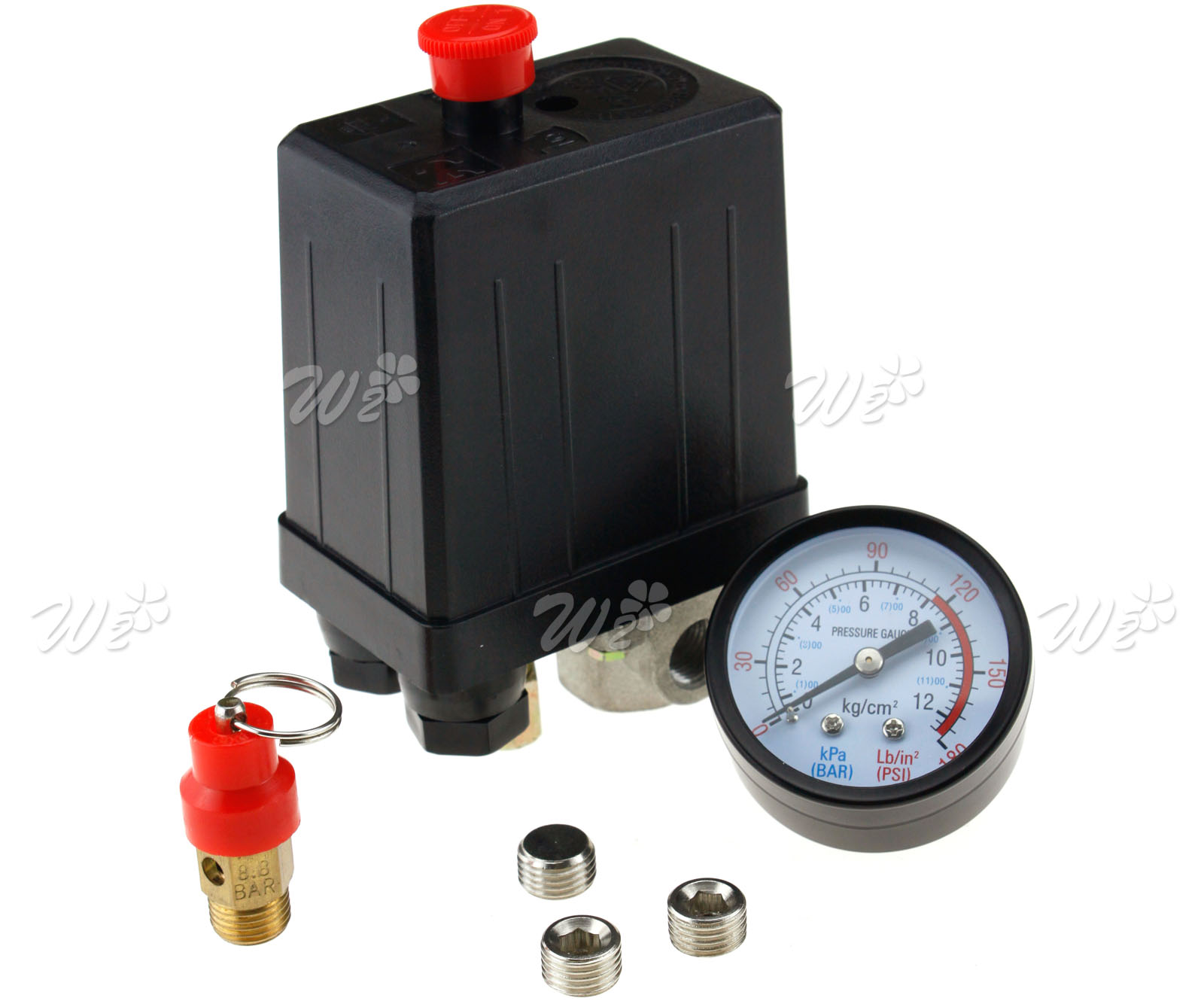 1/4" BSP Air Compressor Pressure Switch 4 Port Single Phase + Safety