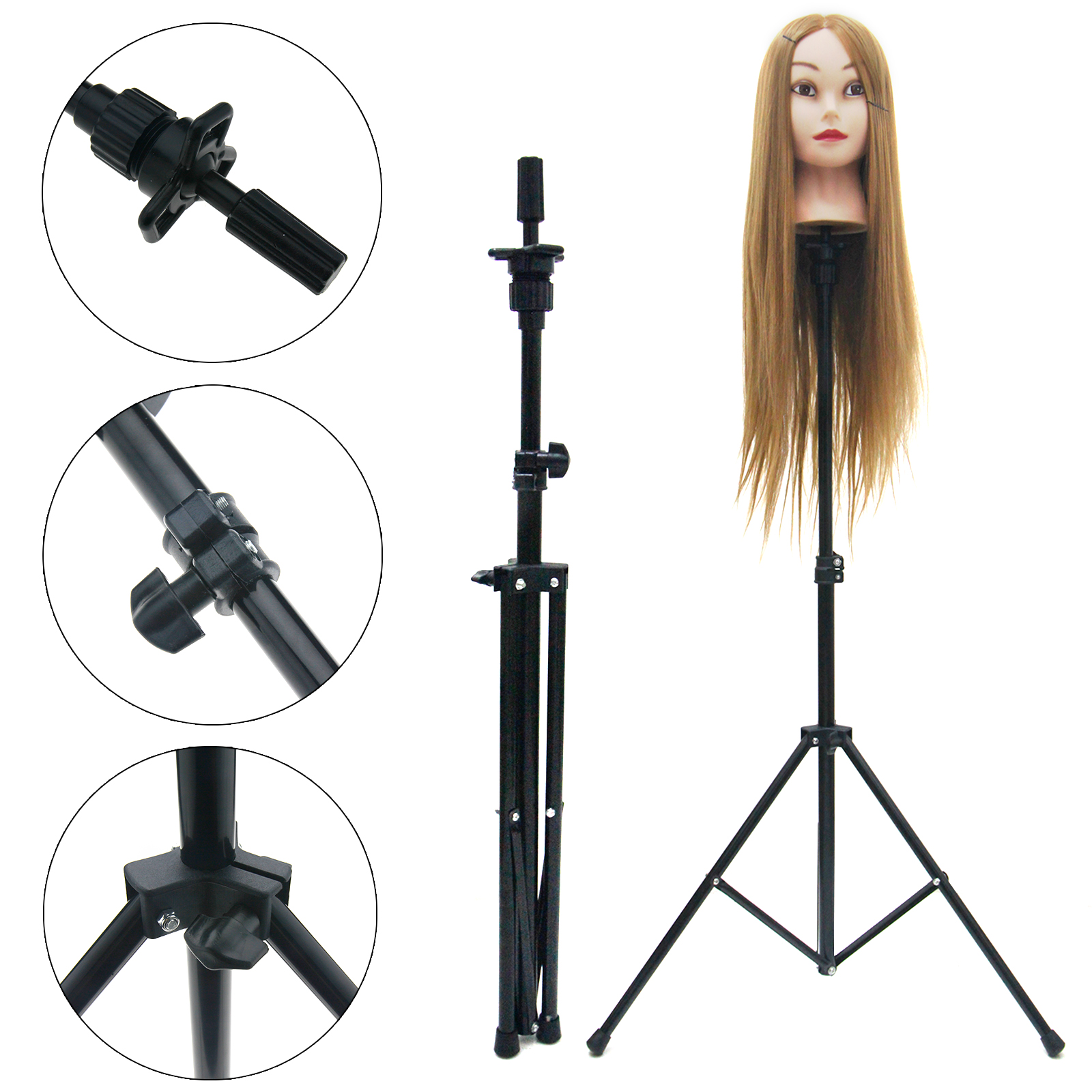 Black Tripod Adjustable Mannequin Head Holder Hairdressing Training Stand