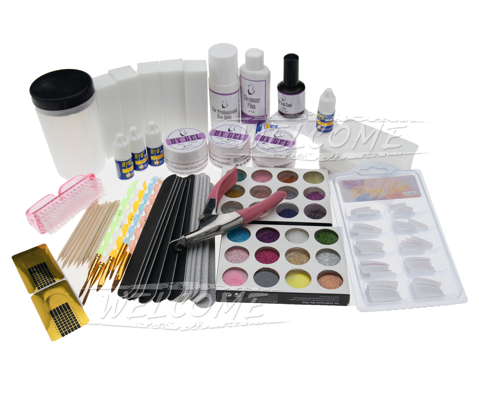 FULL SET UV GEL Nail Art False Nail Tips Glitter Powder Glue Brush Kit