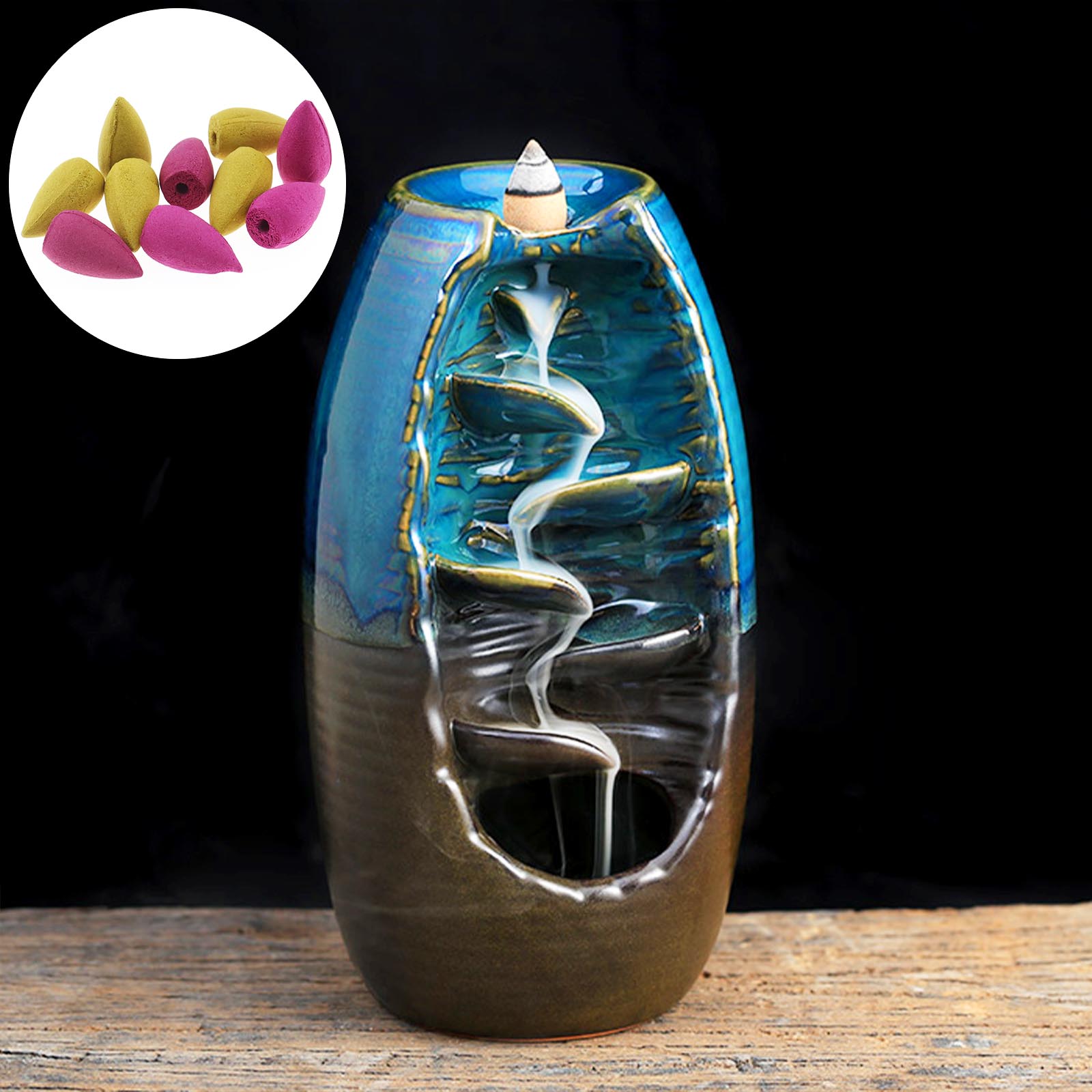 YYW Smoke Incense Waterfall Mushroom Incense Holder, Backflow Incense Burner With 20 Backflow Incense Cones 30 Incense Sticks, Handmade