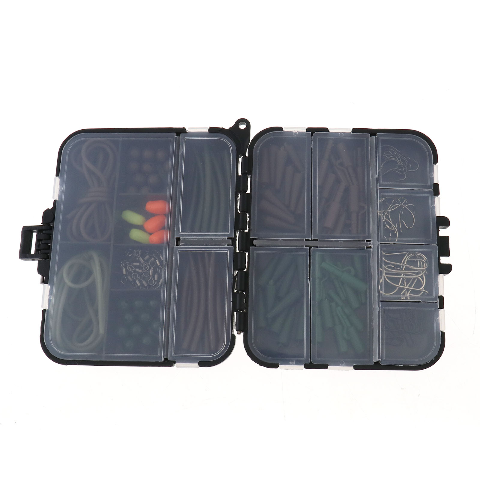 Karpfen Zubehör Set Box Hacken Safty Clip Tail Rubber Wirbel Angeln 128-tlg 