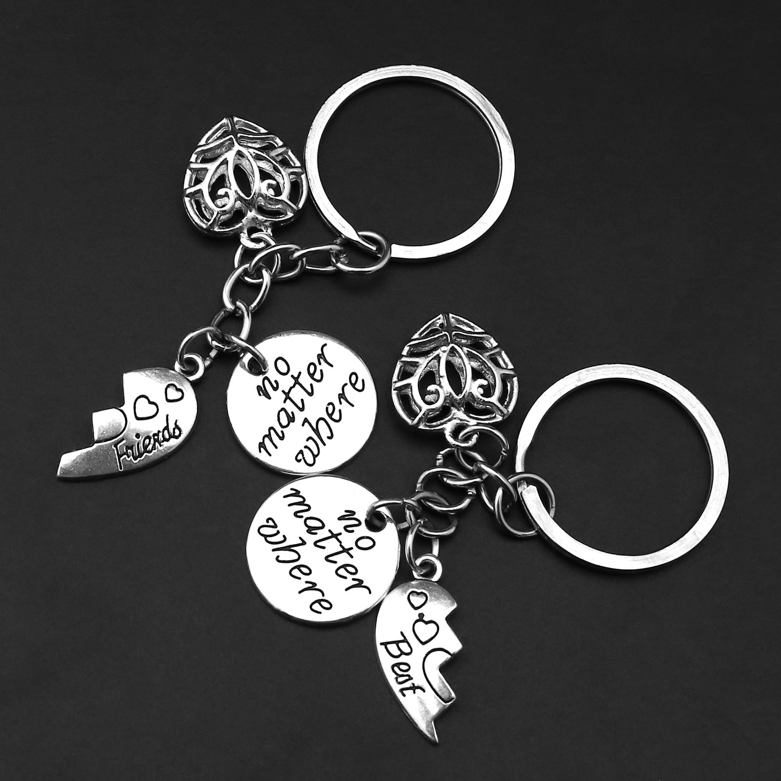 2pcs Friendship Gift No Matter Where Best Friends Forever Key Chain Ring Set BBF Split Broken Heart Pendant