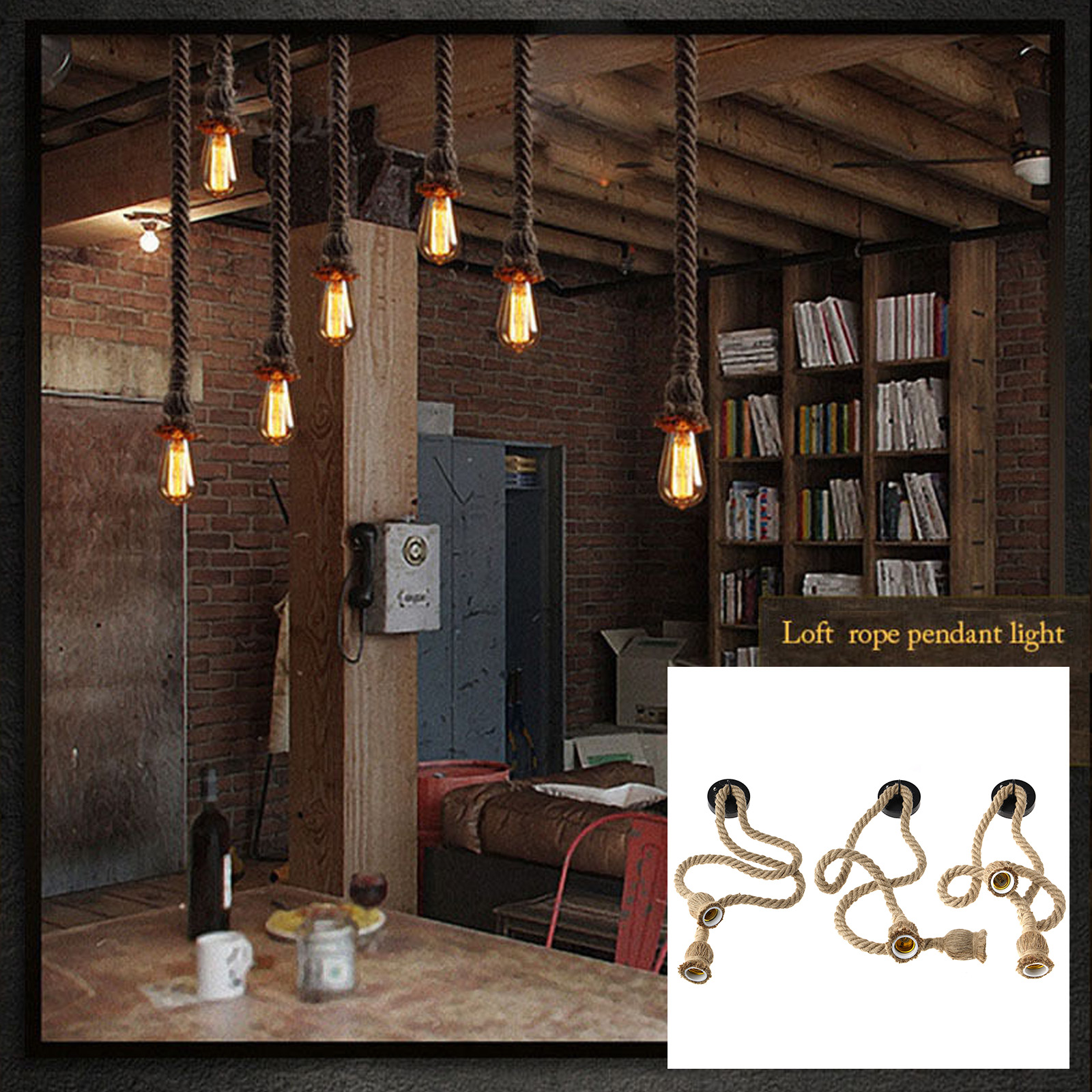 1 5m E27 Hemp Rope Double Head Hanging Pendant Ceiling Light Lamp