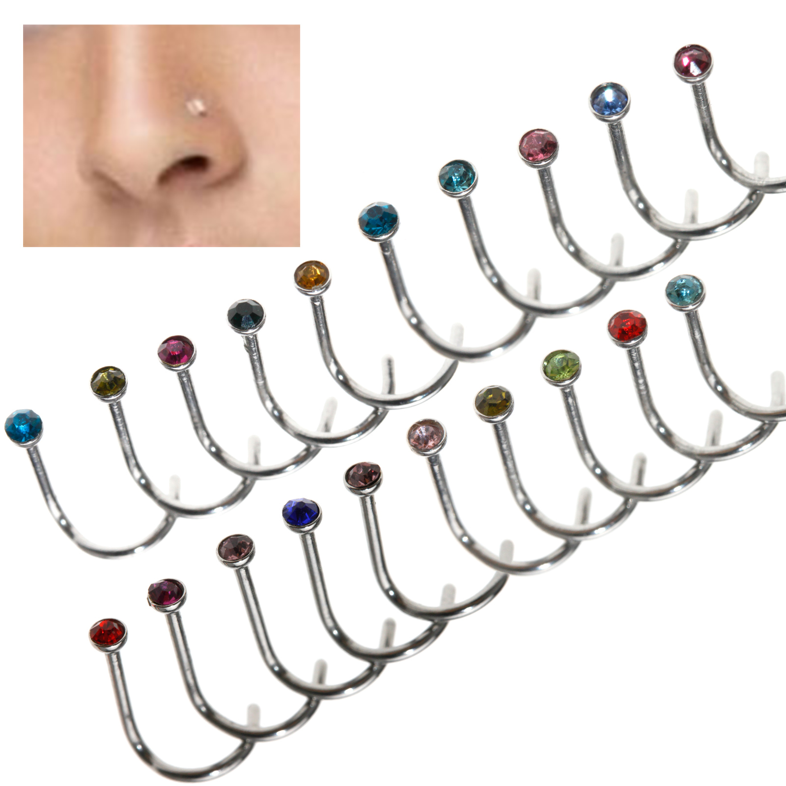 20x Nose Stud Ring Hook Twist Bar Rhinestone Surgical Steel Piercing
