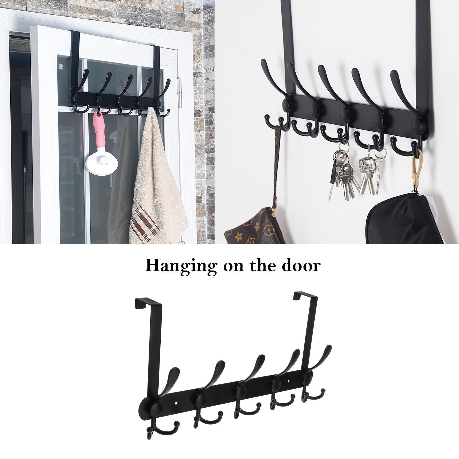 Black Over Door Hook Wall Mount Coat Rack 5 Tri Hooks Kit Twopurpose