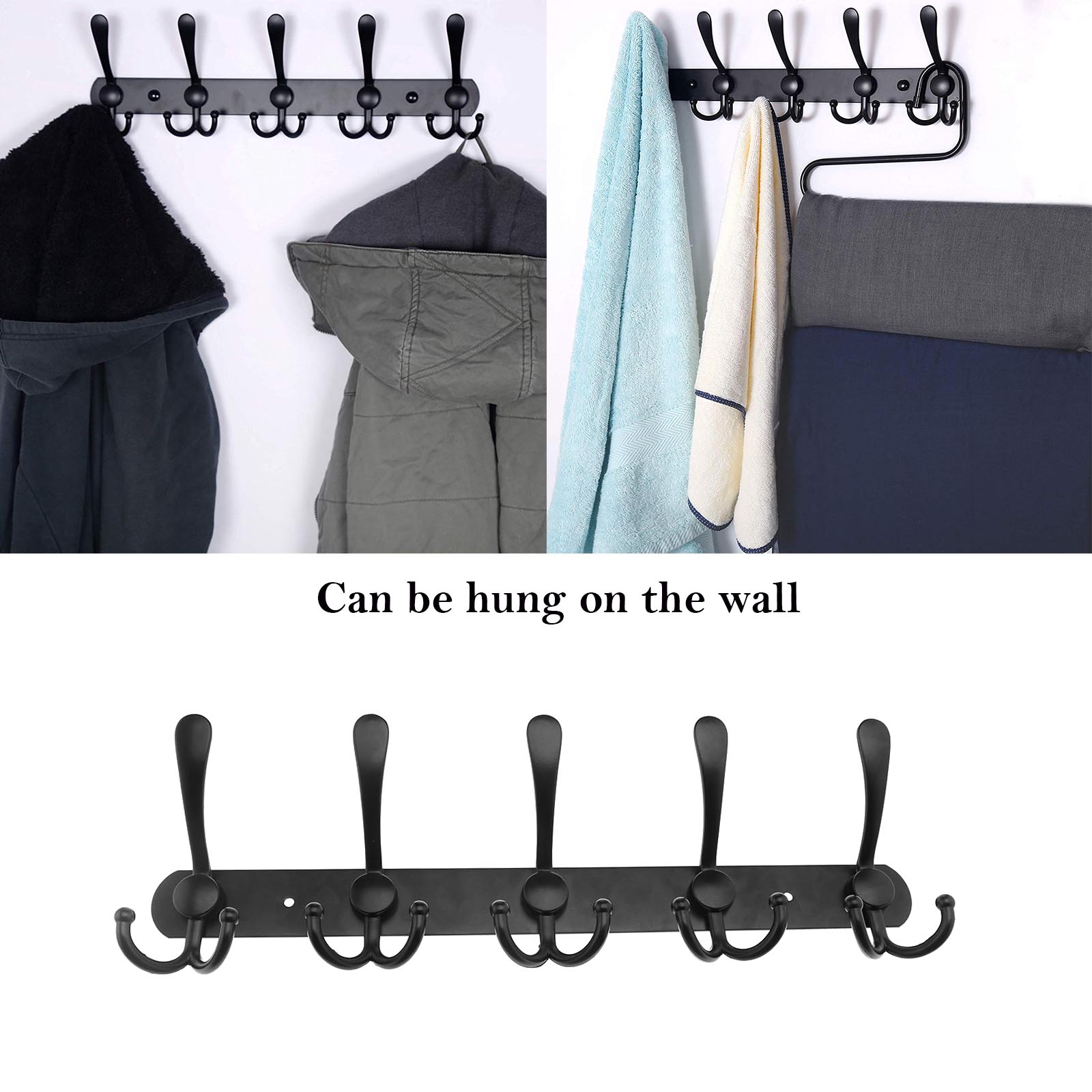 Black Over Door Hook Wall Mount Coat Rack 5 Tri Hooks Kit Two-purpose ...
