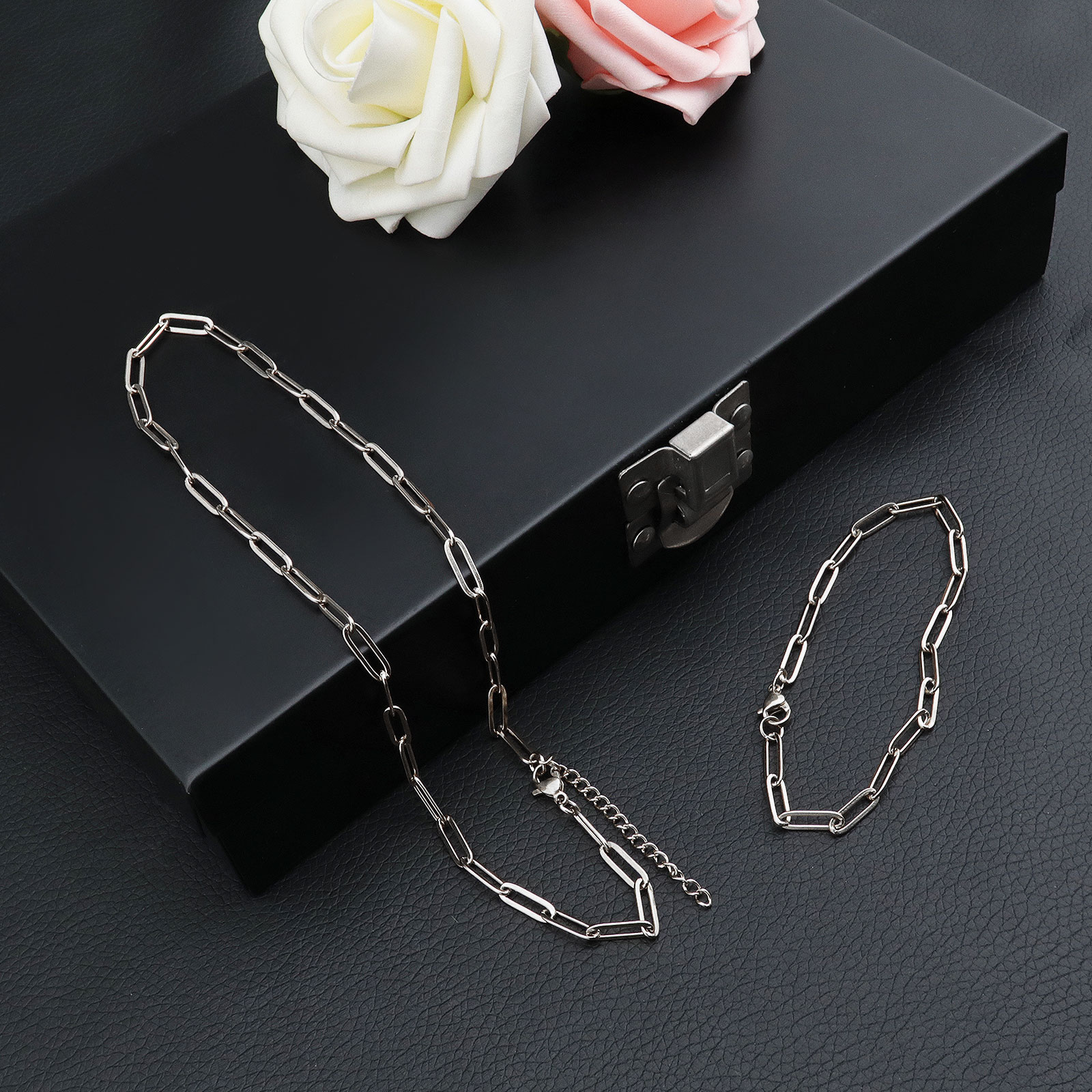 Silver Adjustable Necklace & Bracelet Set Stainless Steel Paperclip