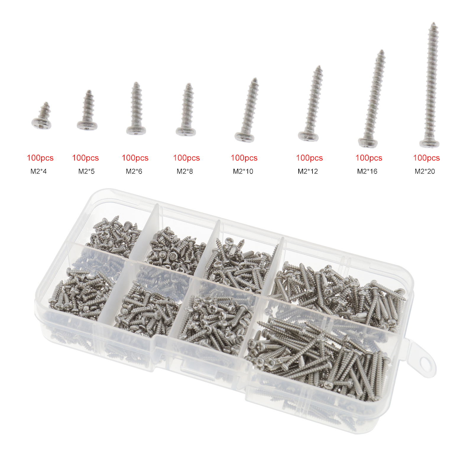 800pc Stainless Steel SelfTapping Screws Flat Head Assorted Box M2