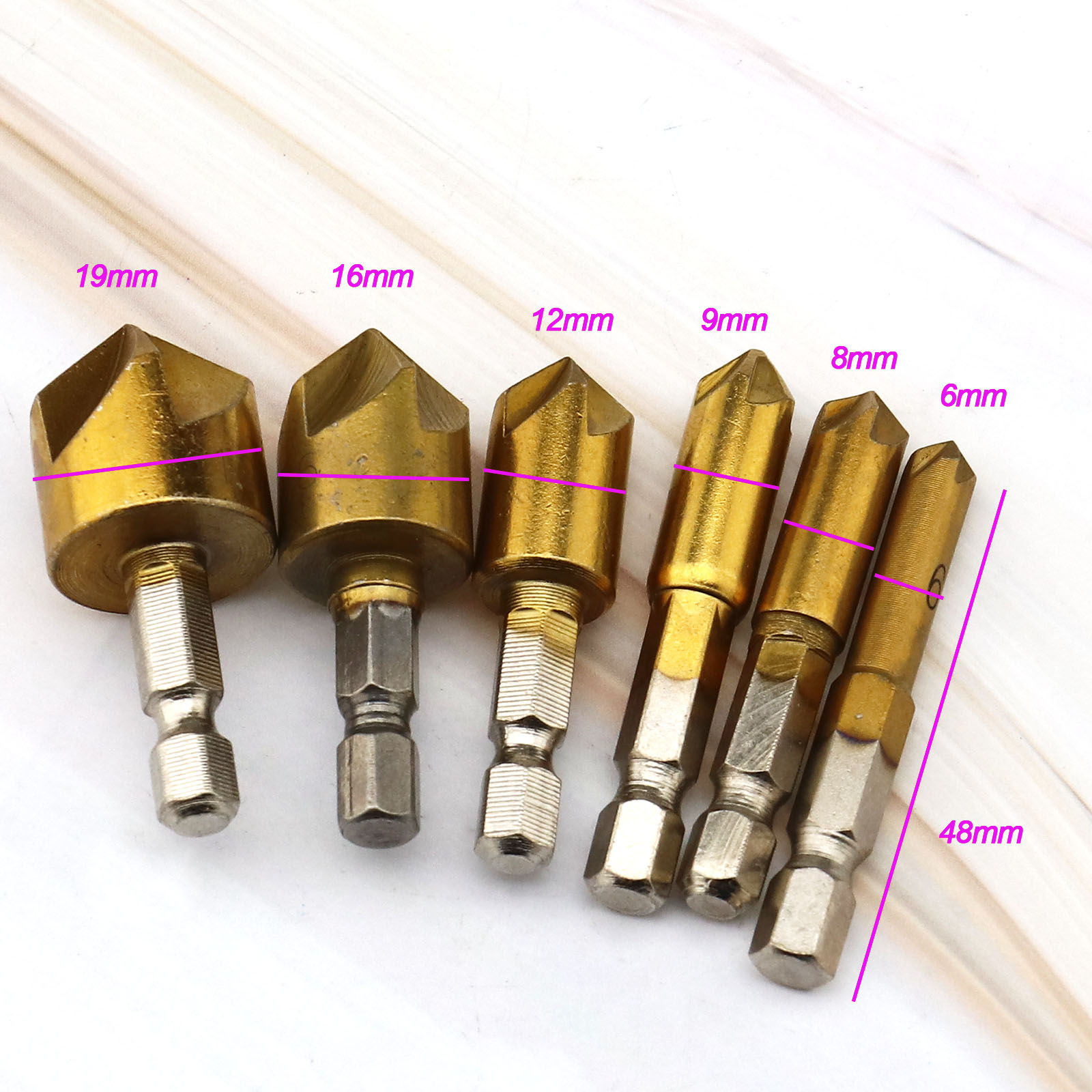 Set Of 5 Flutes Hex Shank Drill Bits 90° Countersink Kit For