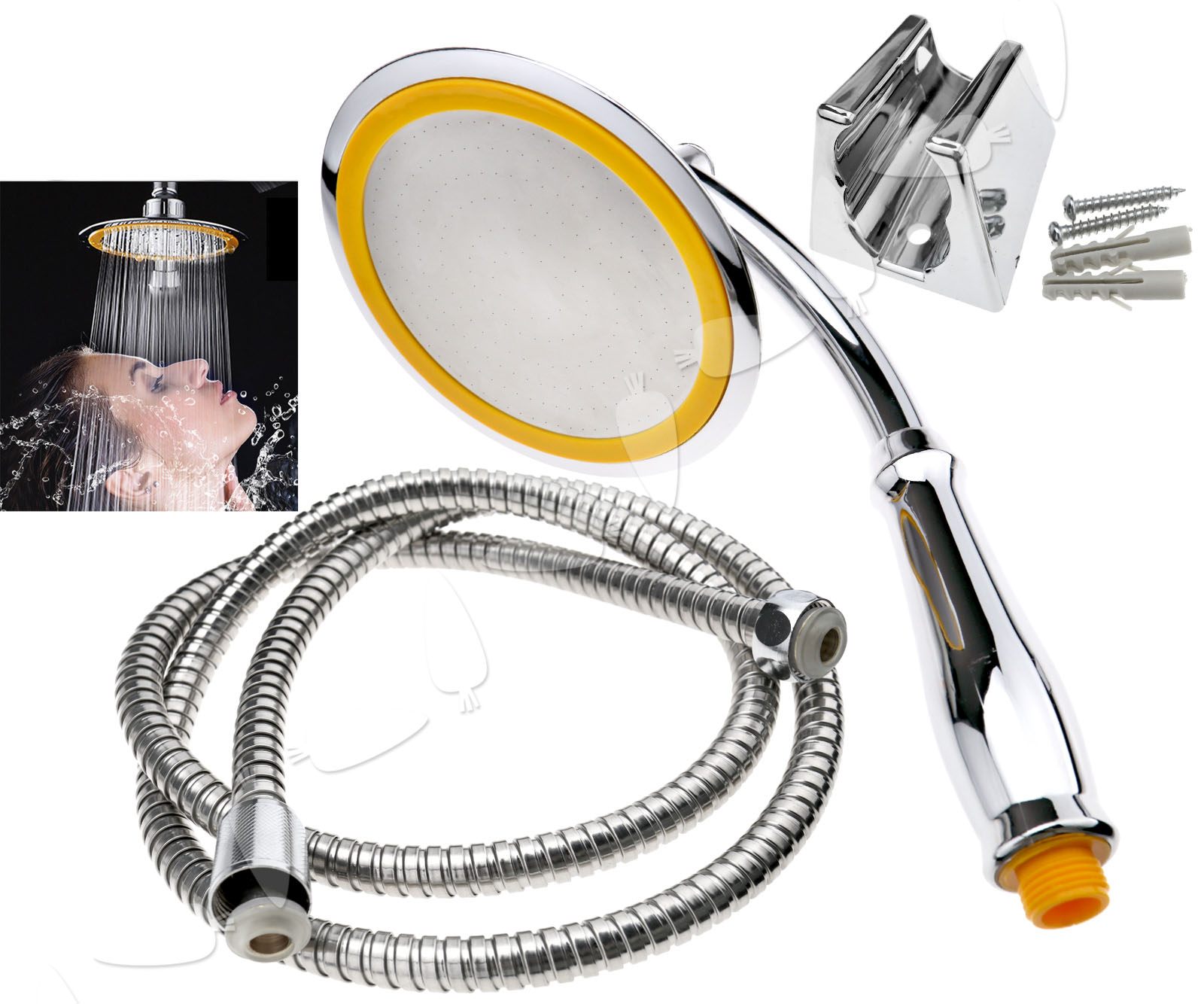 6&/8'' SHOWER HEAD Extension Rainfall With Hose Kit Round ABS Chrome