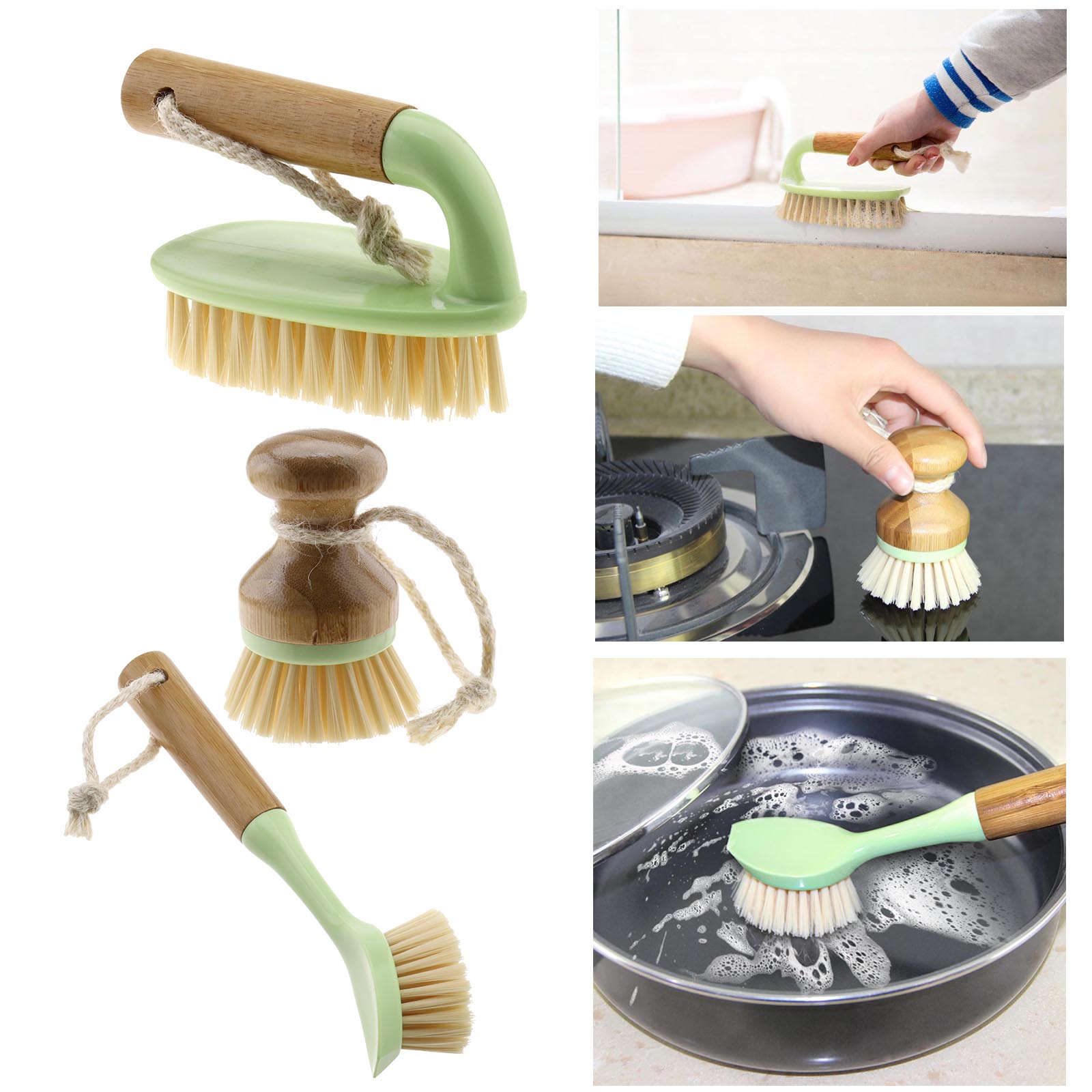 3Pcs Bamboo Brush Set with Dish PanFloor Brush Used to Kitchen Washing