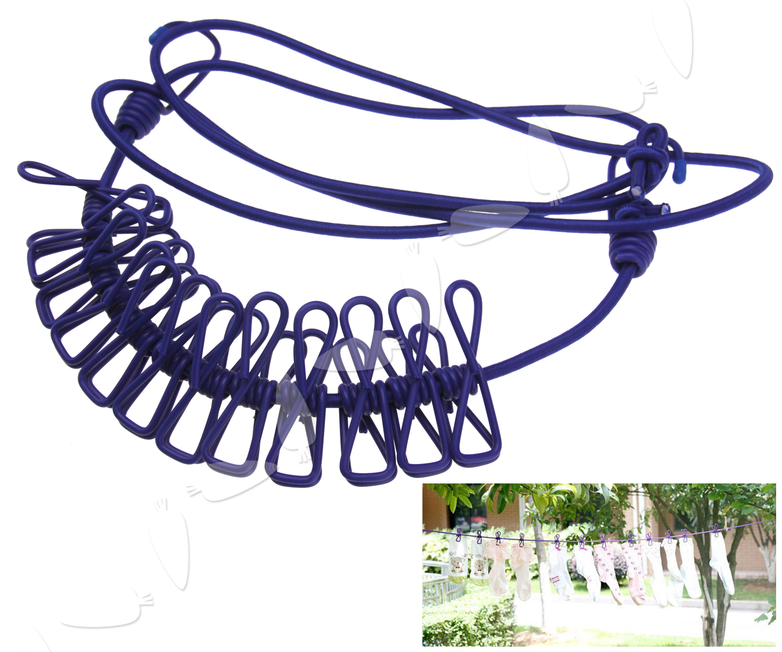 ELASTIC WASHING CLOTHES Line W/12 Pegs Clips Camping Caravan Travel