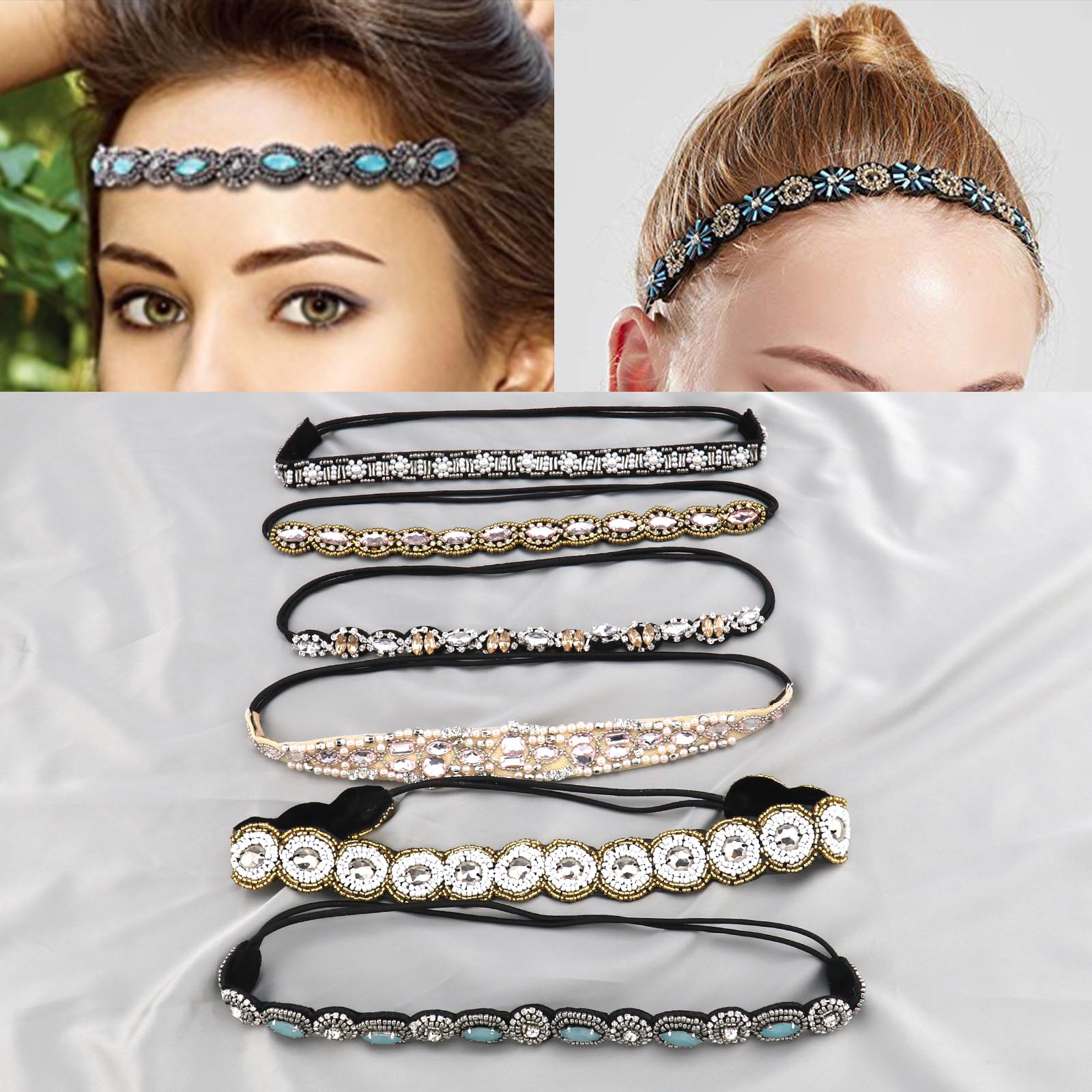 Ladies Crystal Rhinestone Jeweled Head Hair Bands Wraps Headbands Set