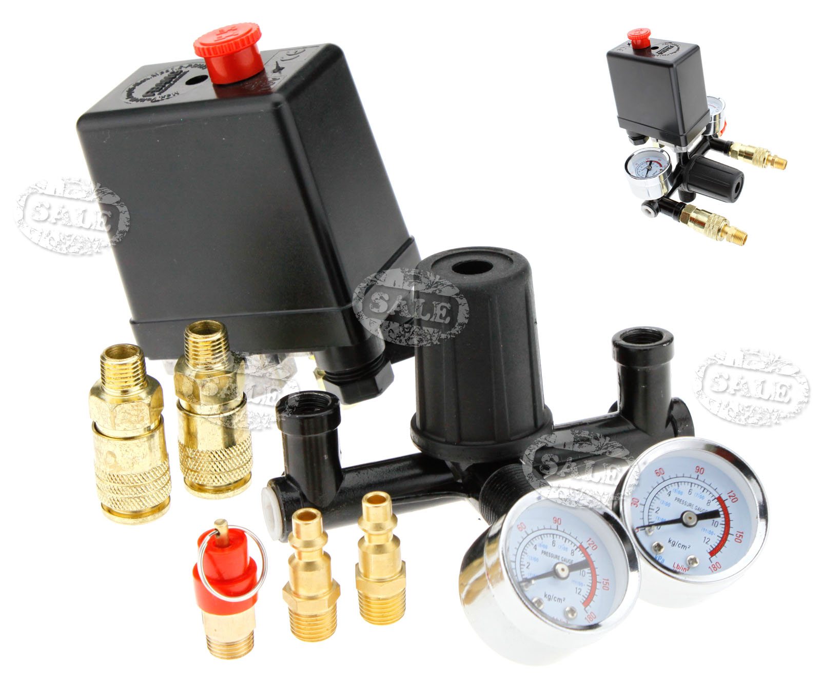 1/4"BSP Air Compressor Pressure Switch+Valve Manifold Regulator Gauges
