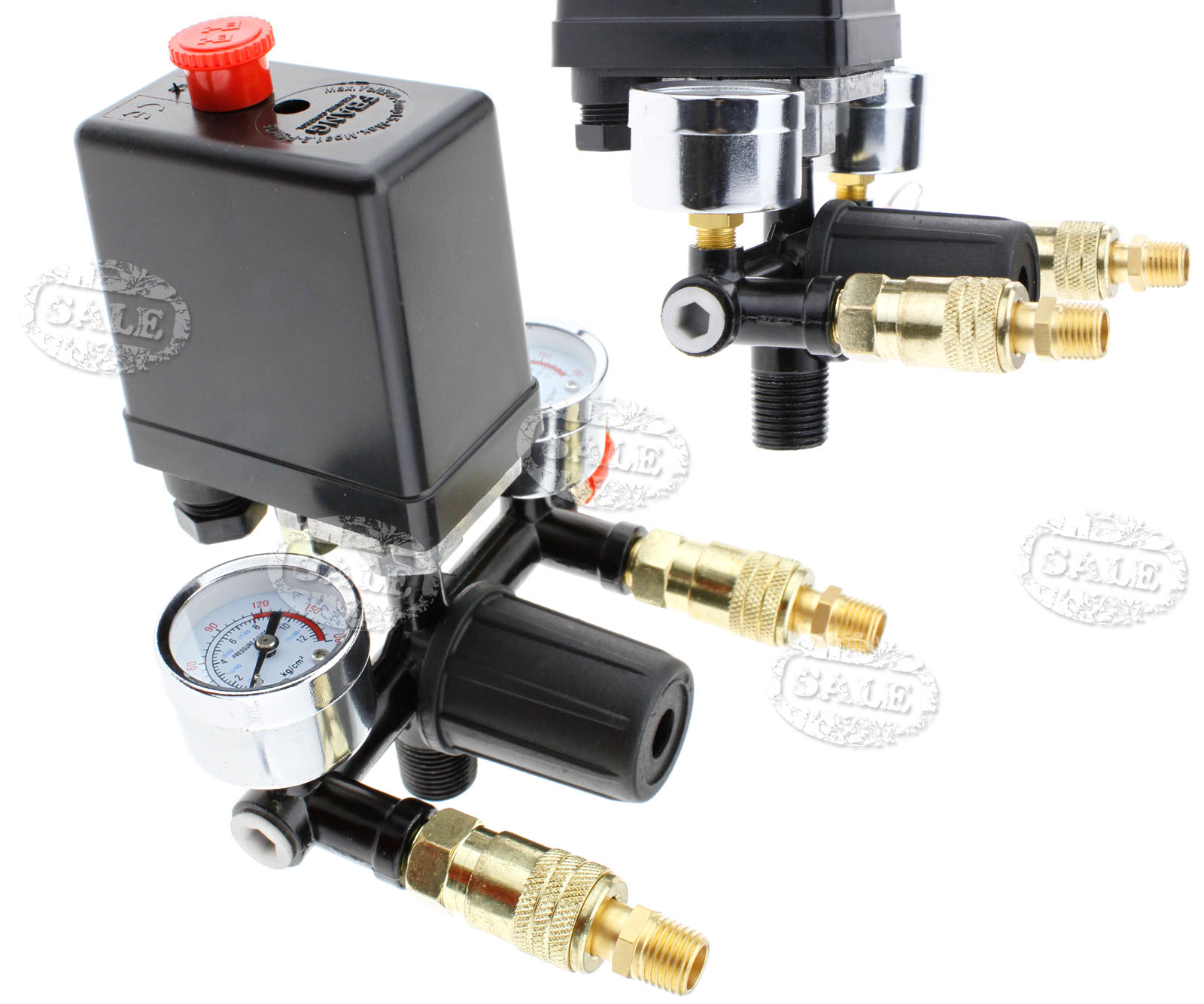 1/4"BSP Air Compressor Pressure Switch+Valve Manifold Regulator Gauges
