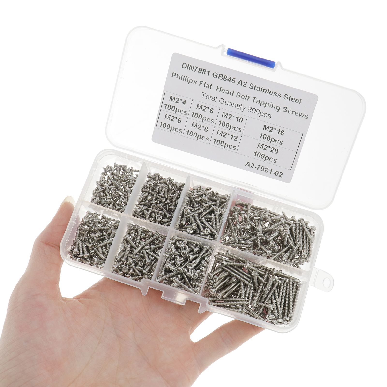 800pc Stainless Steel SelfTapping Screws Flat Head Assorted Box M2