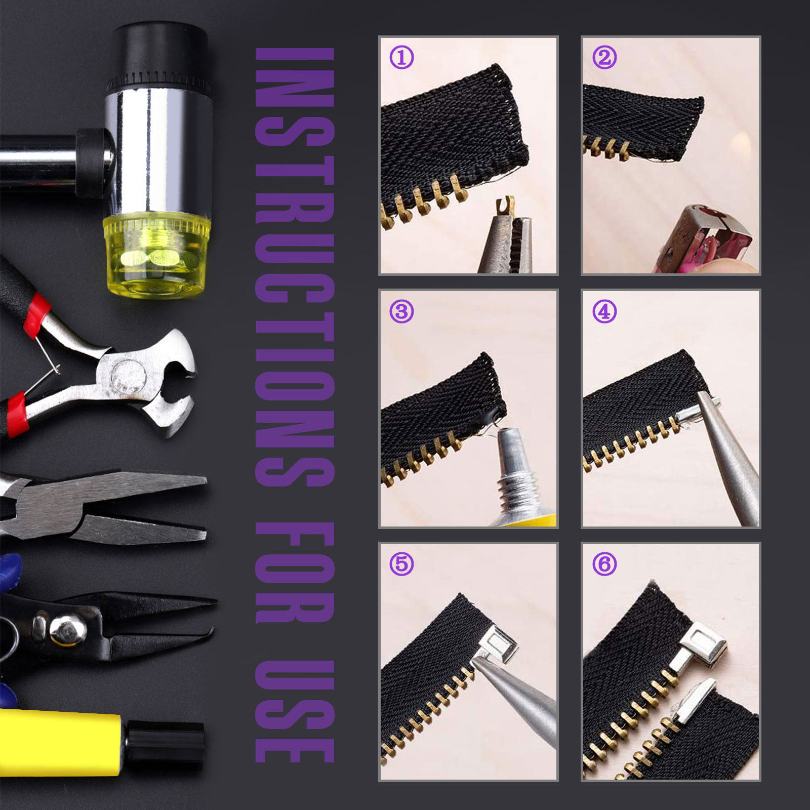 12Pcs Zip Close-End Repair Kit 3-Color 3#5#8#10# for Metal Zipper