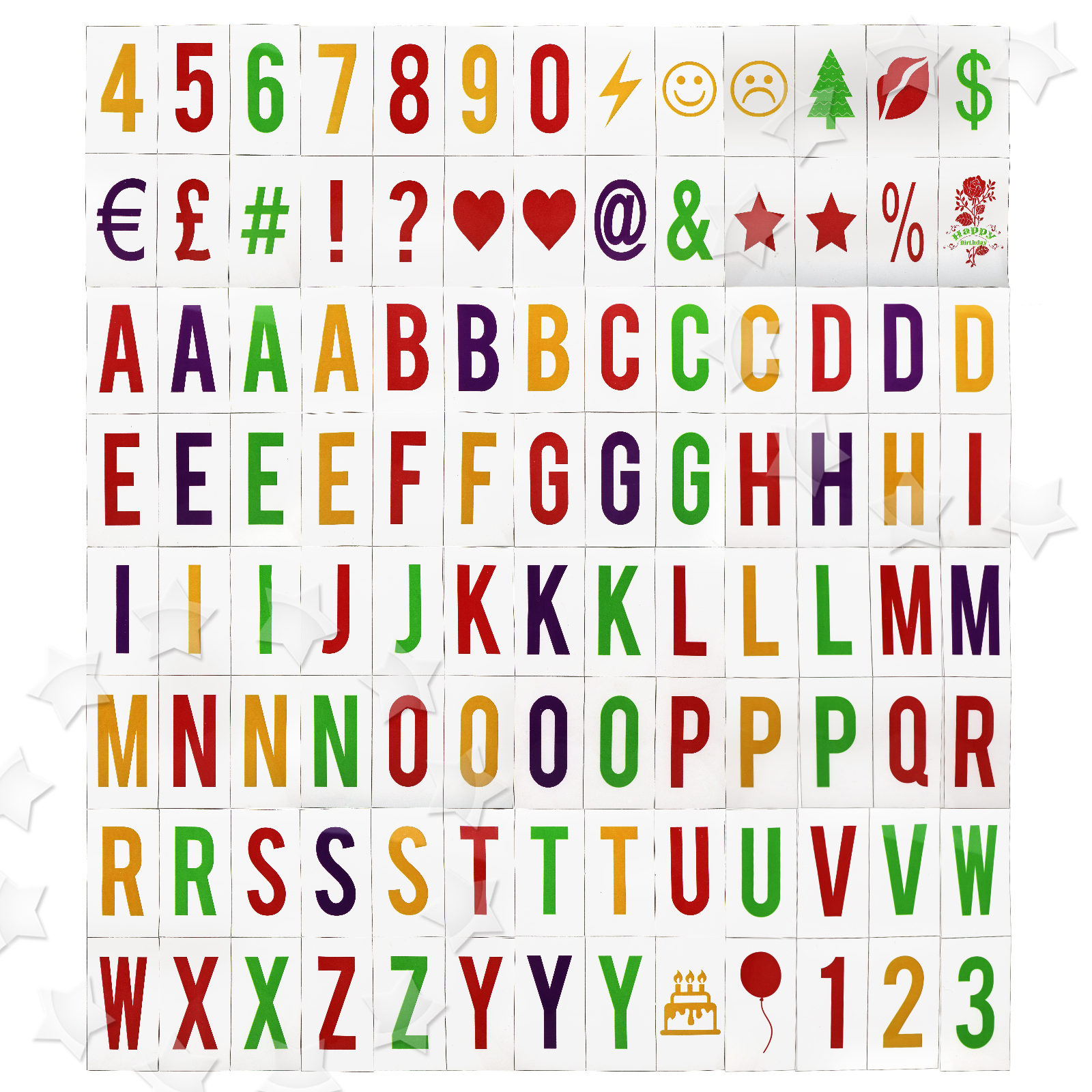 Set Di 85 Piastrelle Per Lightbox A4 - Lettere, Numeri E Simboli Per Insegne Luminose A Film - Caratteri Altezza 6,5 Cm - Nero Su Bianco