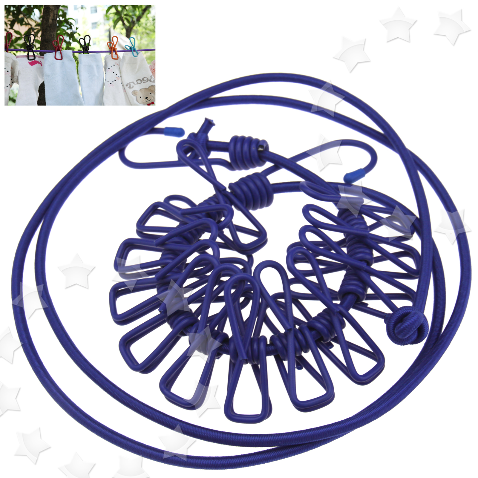 180CM ELASTIC WASHING Clothes Line With 12 Pegs Clip Camping Caravan