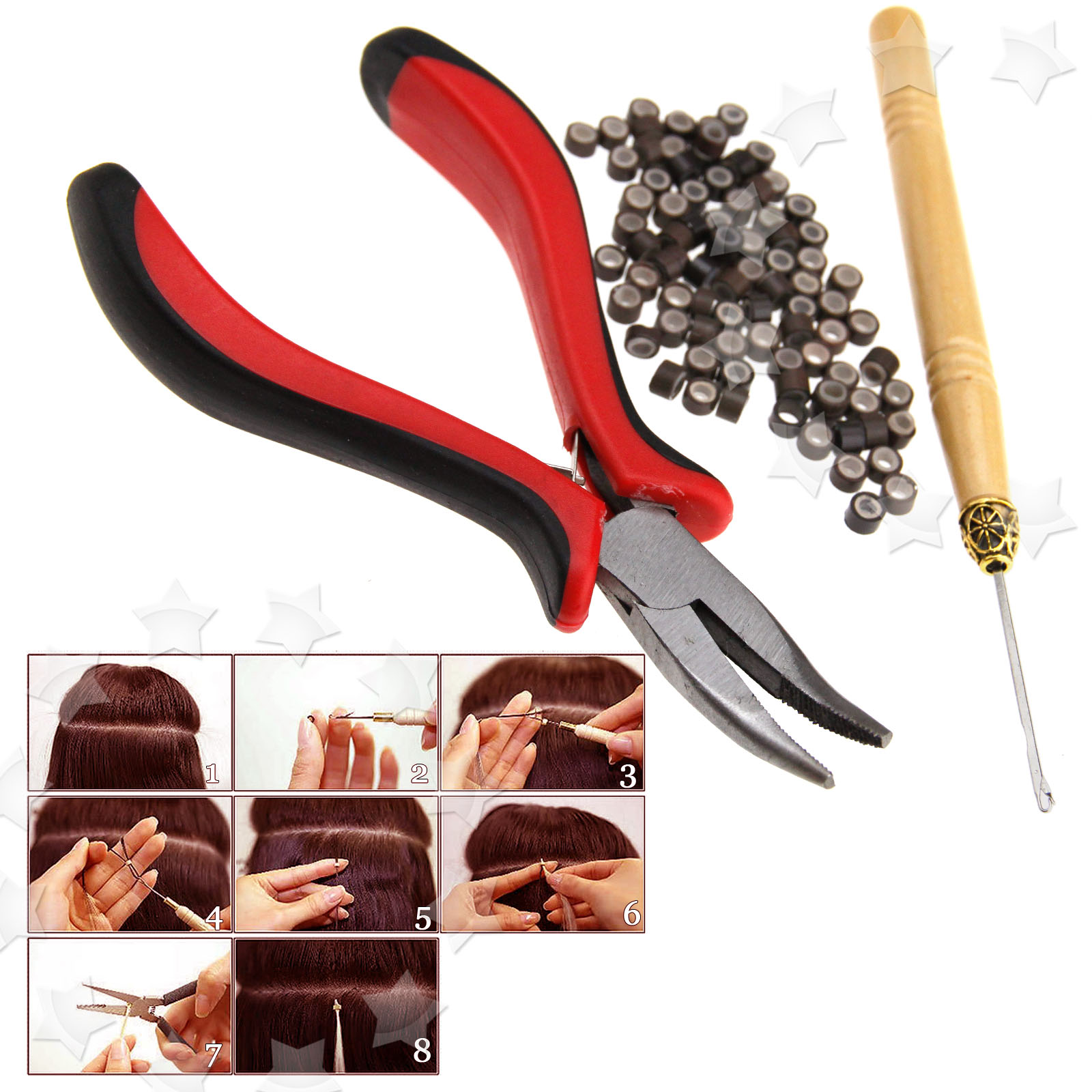 100 Hair Extension Tool Kit Pliers Pulling Needle Silicone Micro Beads