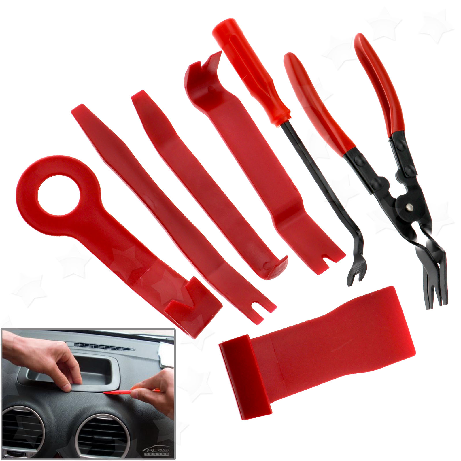 7PC CAR DOOR PANEL TRIM CLIP REMOVAL PLIER & UPHOLSTERY REMOVER PRY BAR