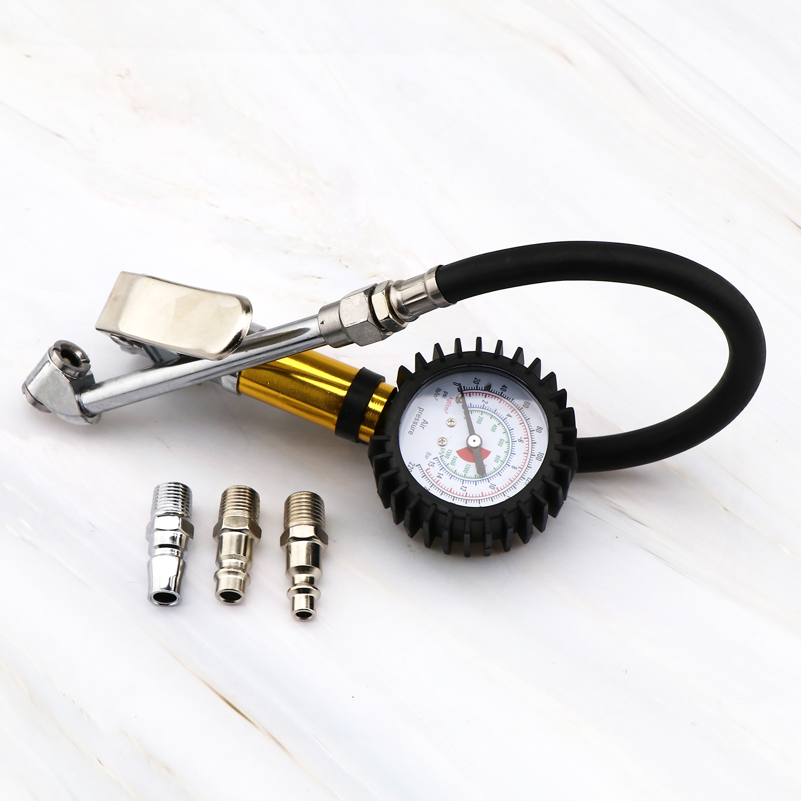 Aluminum Pressure Gauge Tire Inflator With 3Pcs Connectors For Car