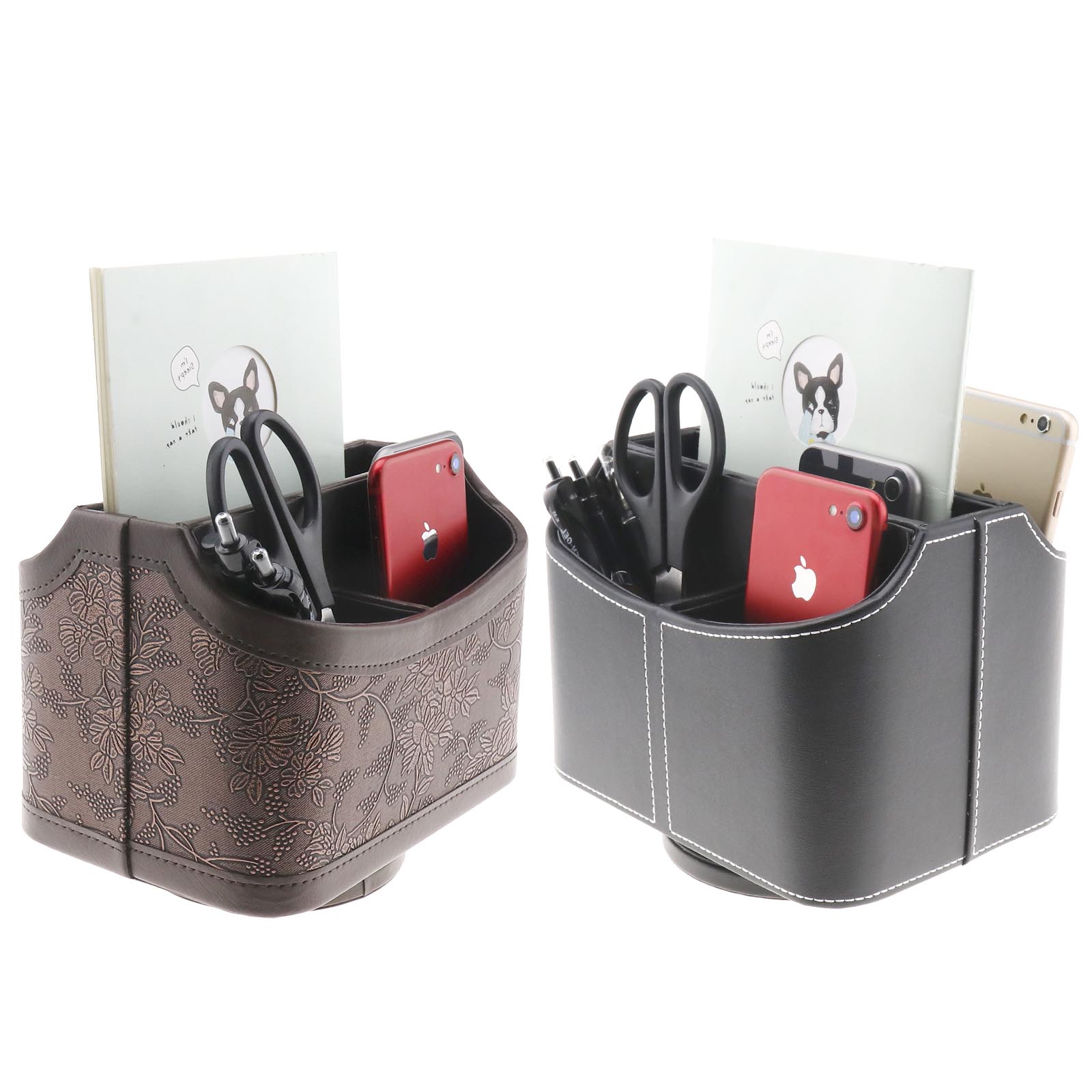 Black Remote Control Organizer Media Faux Leather Spinning Caddy Holder