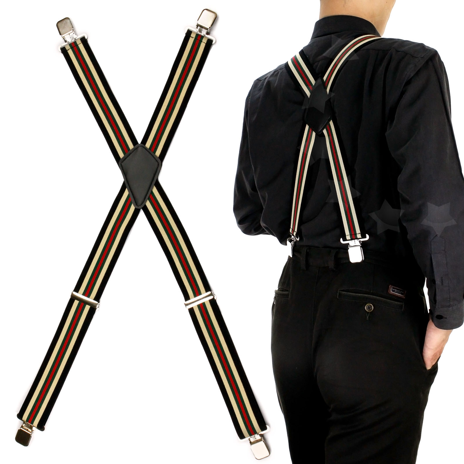 Stripe Mens 50mm Wide Braces Plain Heavy Duty Suspender Elastic