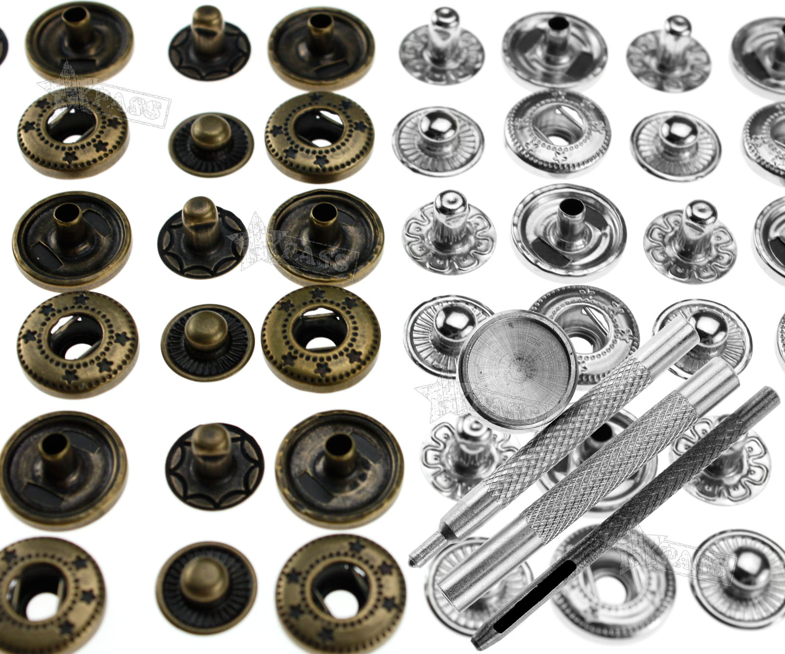 30x 12mm Silver & Antique Brass Color Poppers /w Punch Base Setting