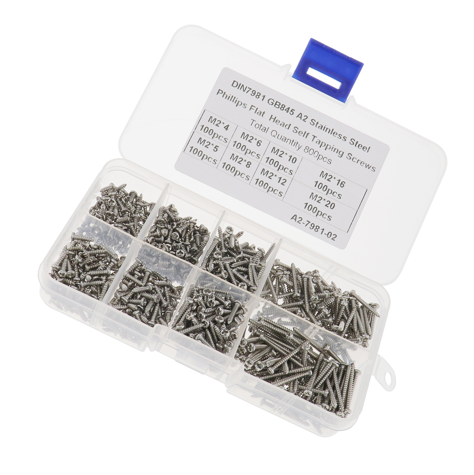 800pcs/Set M2 Stainless Steel SelfTapping Screws Flat Head Assorted