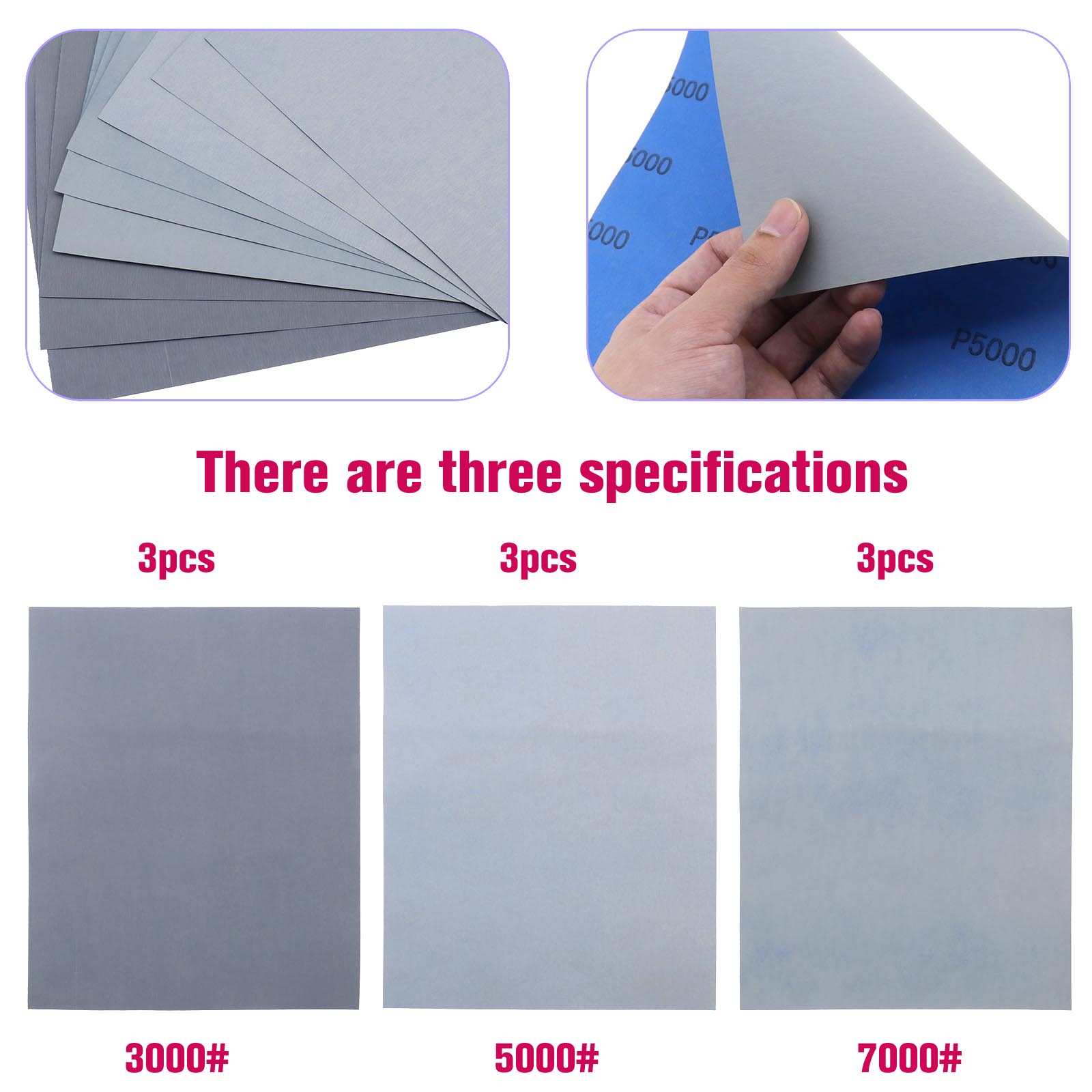 9Pcs Grit Wet Dry Sandpaper 3000 5000 7000 Fine Grit Polishing for