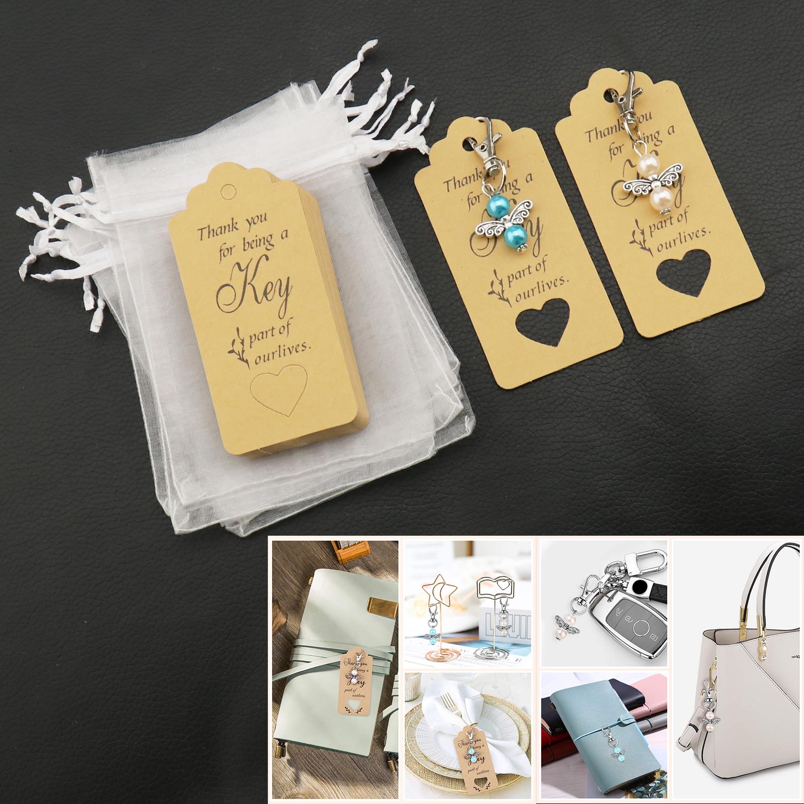 Wedding Favors for 40 Pack Key Chain with Kraft Tags Organza Bag Bridal