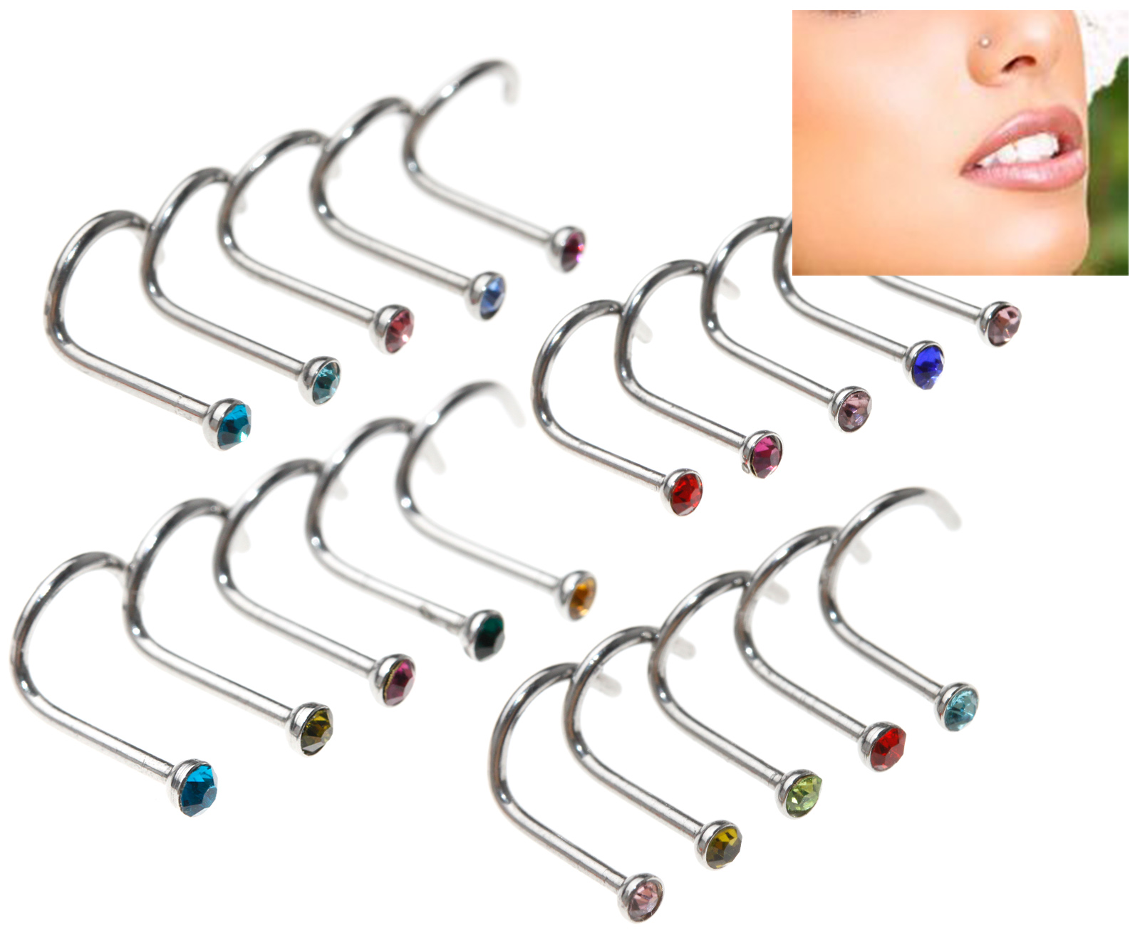 20 Nose Stud Rhinestone Crystal Gem Piercing Bars Diamante Diamante Coloured